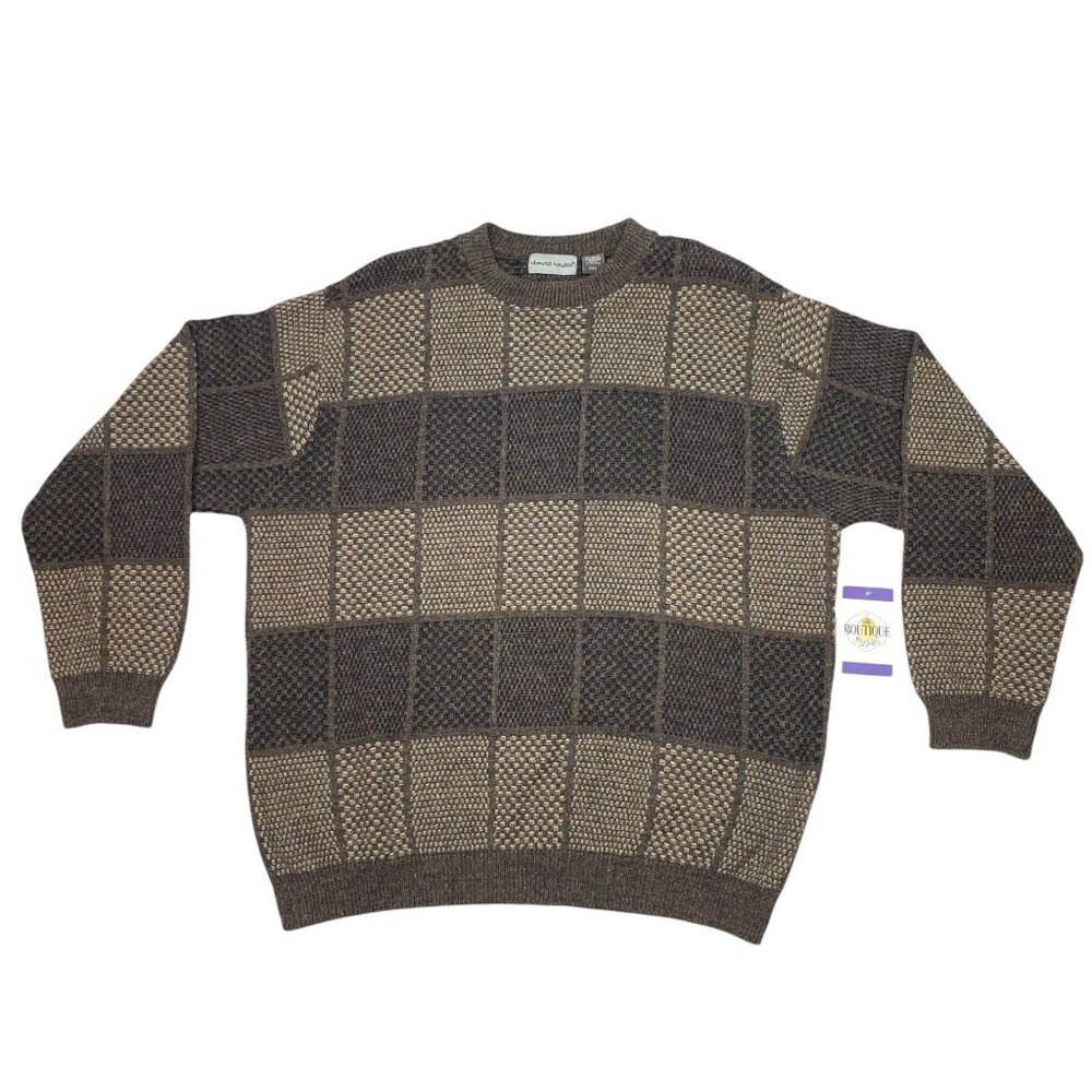 David Taylor Mens XXL Brown Pullover Sweater Knitted Checkerboard Crew Neck 90s